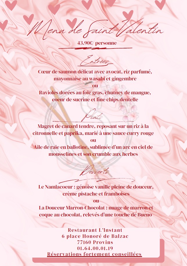 Menu Saint Valentin au restaurant l'Instant à Provins